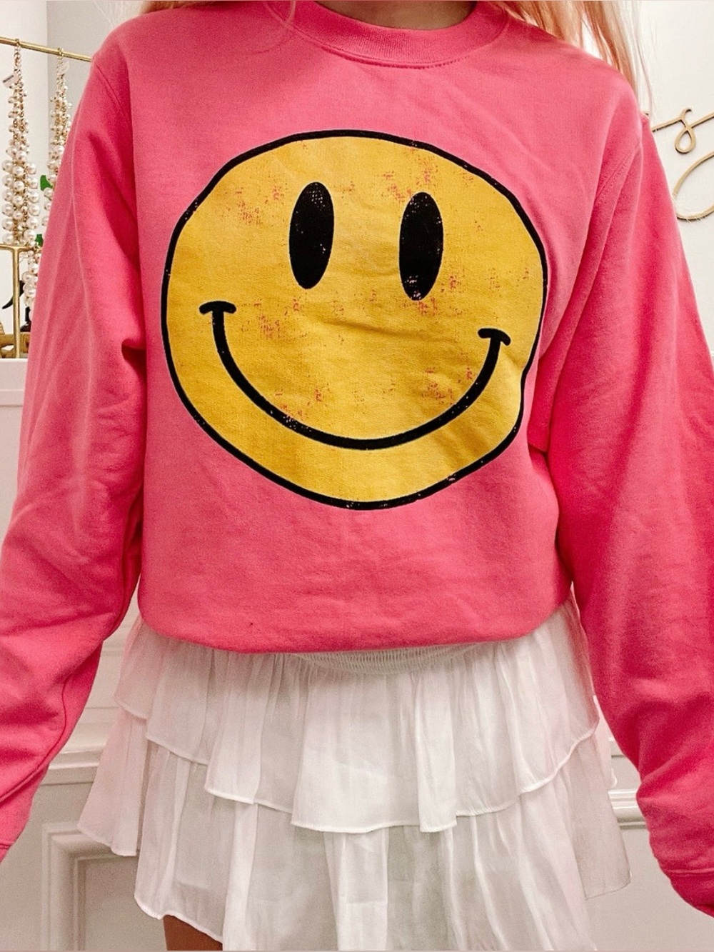 Neon Pink Smiley Face Crewneck Sweatshirt
